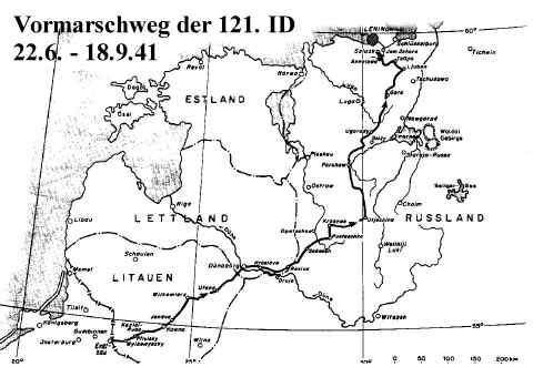 Vormarschweg der 121 Infanteriedivision